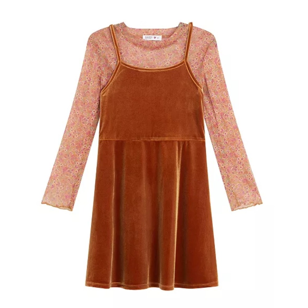 Beautees Big Girls Ve Slip Dress‎ Floral Printed Mesh 2-Piece Set Mustard Size 8